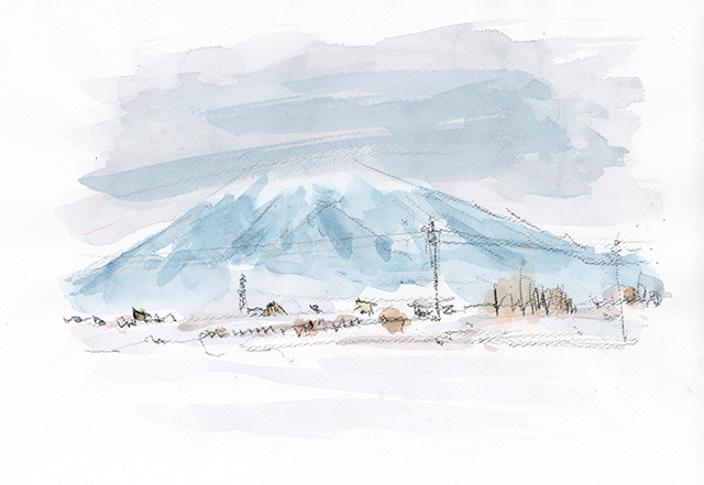 1月後半からボチボチ姿を見せ始めた「岩木山」。雑木の後ろの土手裏には川が流れているはずなのだが、大雪の為土手の雰囲気さえ無い！