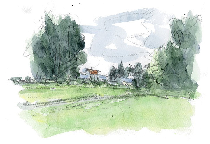 巨大な樹木から覗く集落。建物も二階建ての高さが有るようだが、樹木はとてつもなく大きい。