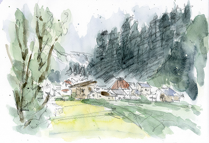 八甲田連峰への南方からの入り口大川原地区。中野川を挟んで、その対岸の民家