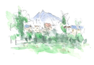 ヒョイと脇道に入り込んだ農道から見えて来た「岩木山」。（黒石市上十川）