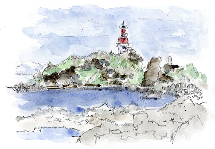 道の駅 ふかうら「かそせ いか焼き村」。その海辺から見える灯台は「鳥居埼灯台」と言うらしい。