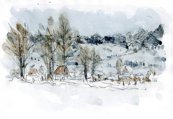 カラマツだろうか?この季節だと後方の集落が樹木のブラインド越しに覗き見できる。