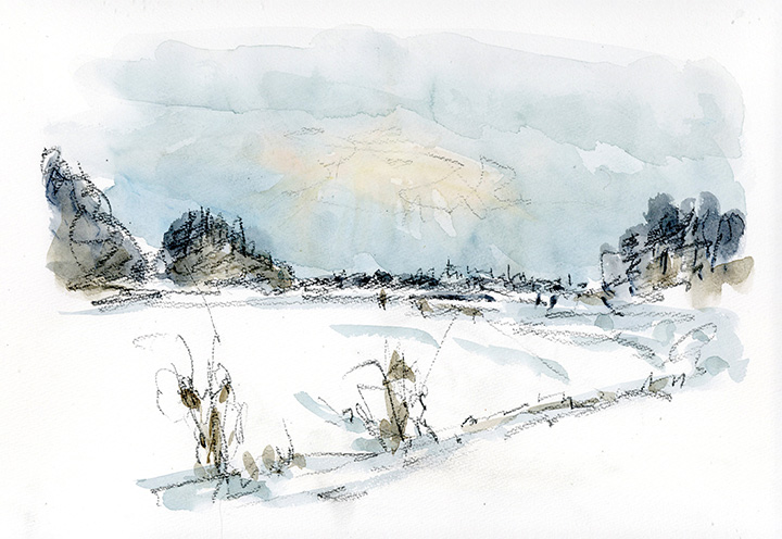 雪国特有の防風柵、その策と柵の隙間から覗く冬の光芒。