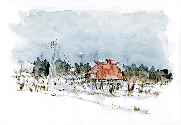 冬の津軽を思い起こさせる「赤屋根の民家」 (五所川原周辺)