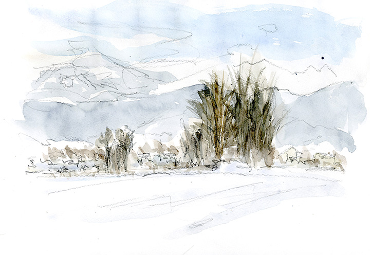 田んぼの中に有る小さな景色を、グッと引き寄せて描いて見た。 (弘前市新里周辺)