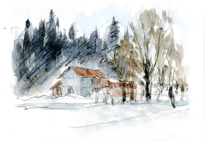 足元は雪に覆われた赤屋根の小屋。奥には引き立て役の杉林。